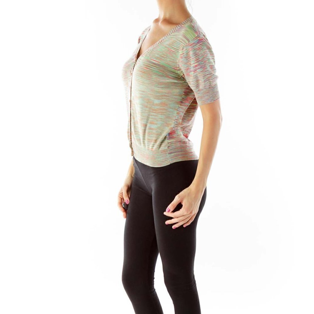 DKNY Green Striped Short Sleeve Cardigan - Picture 2 of 3